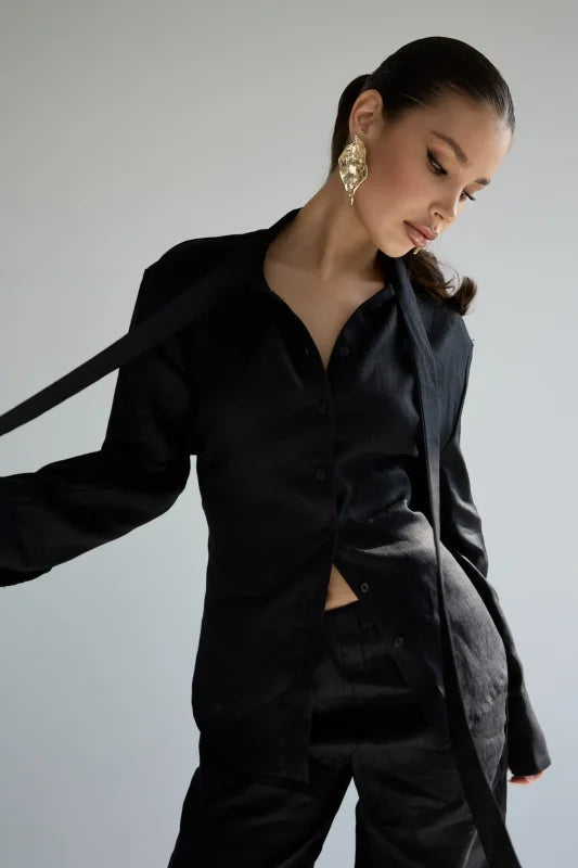 Wolfeel 100% Cotton New Autumn Tie Belted Shirt Women's Floating Ribbon Cardigan Top Commuting Slim Blouse Quick Pick Grocers